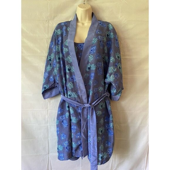 Y2K Contessa Di Roma  Lounge Set‎ L Kimono Robe Sleeveless Dress Blue Floral VTG - Picture 6 of 12